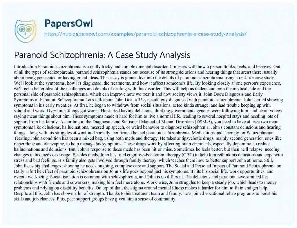 Essay on Paranoid Schizophrenia: A Case Study Analysis