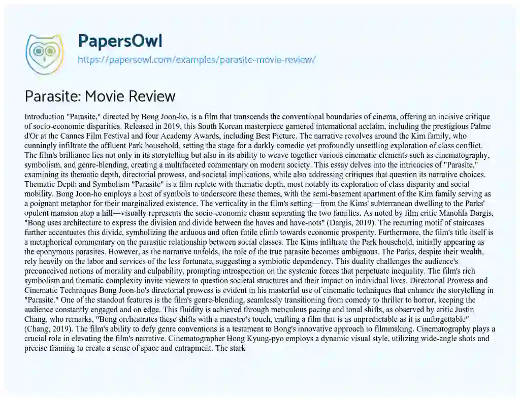 Essay on Parasite: Movie Review