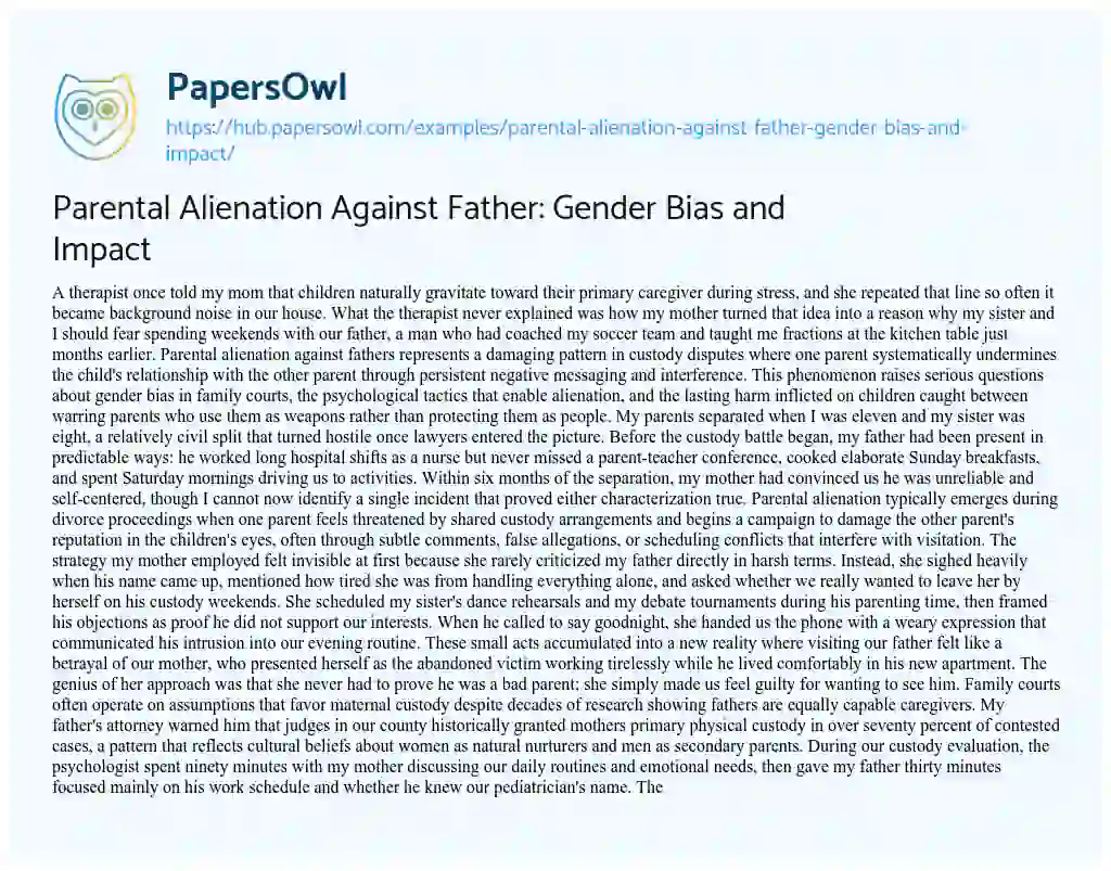 Essay on Parental Alienation Against Father: Gender Bias and Impact