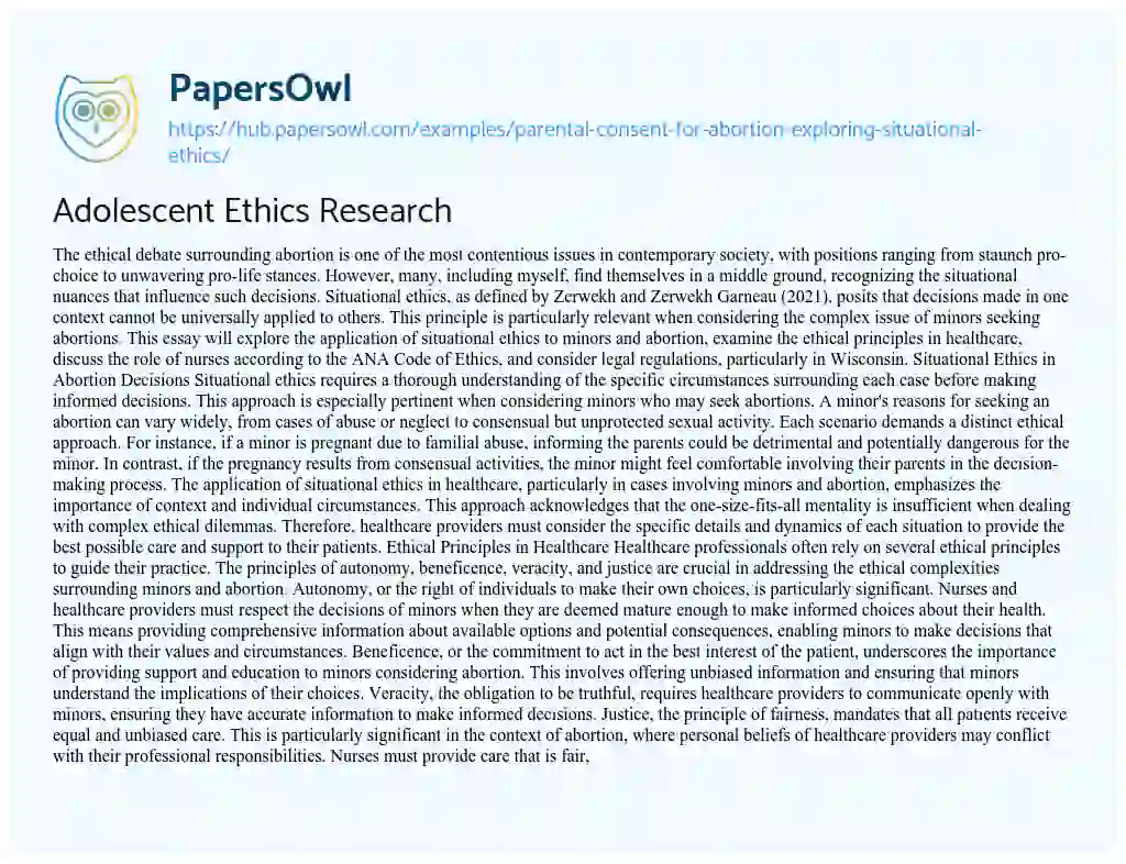 Essay on Adolescent Ethics Research