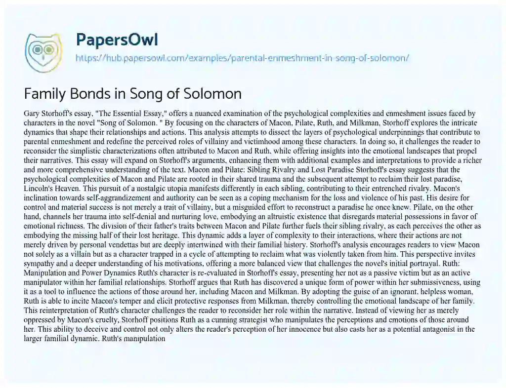 Essay on Family Bonds in Song of Solomon