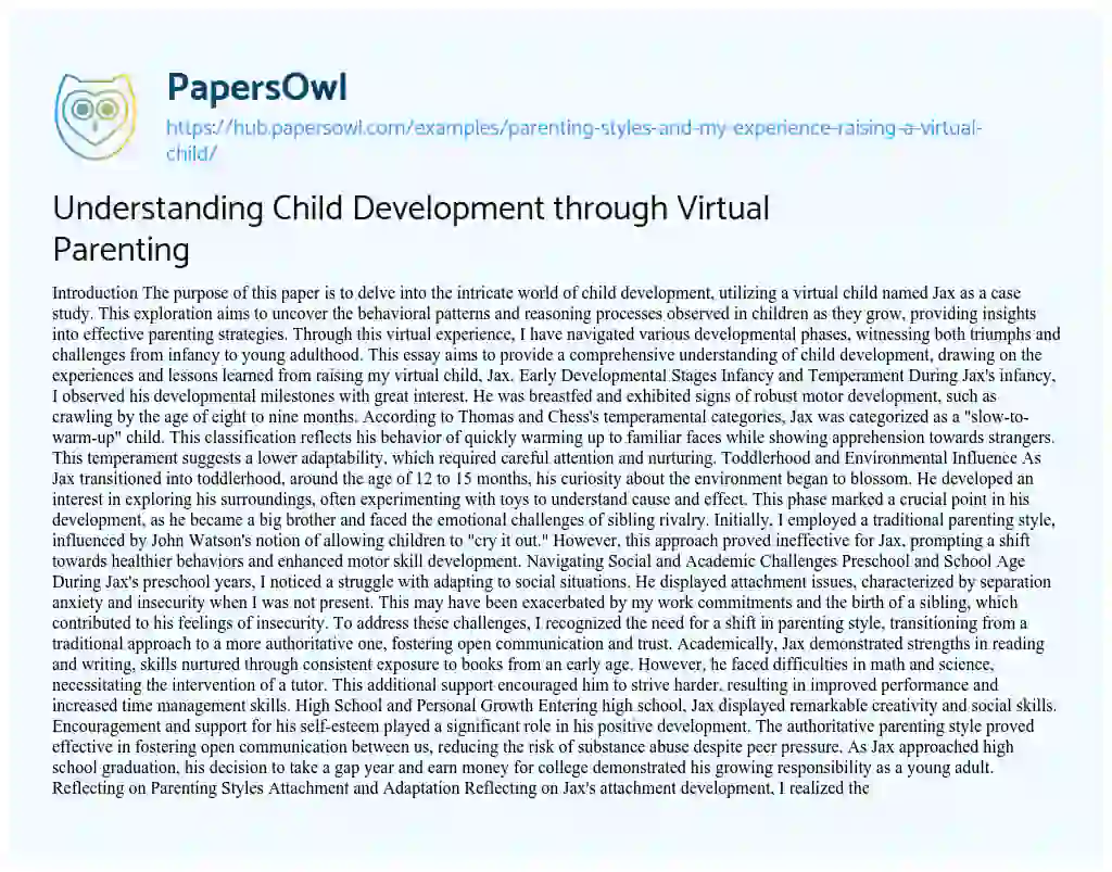 Essay on Understanding Child Development through Virtual Parenting