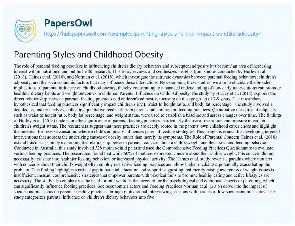 Essay on Parenting Styles and Childhood Obesity