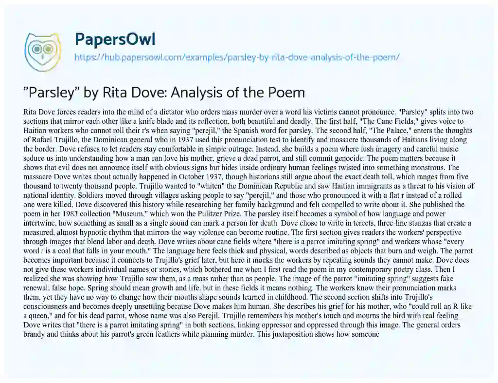 Essay on “Parsley” by Rita Dove: Analysis of the Poem