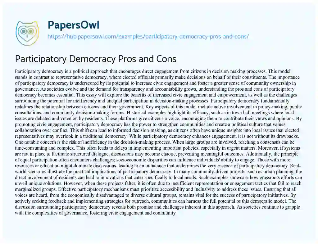 Essay on Participatory Democracy Pros and Cons