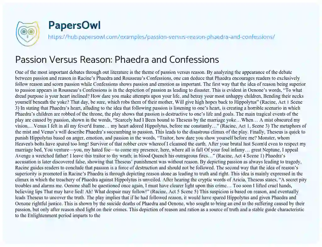 Essay on Passion Versus Reason: Phaedra and Confessions