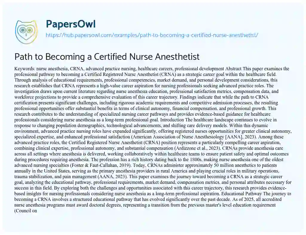 Essay on Path to Becoming a Certified Nurse Anesthetist