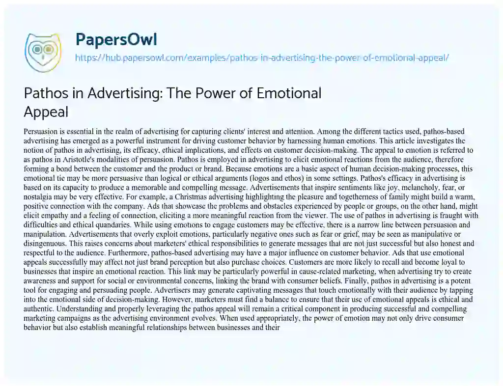 Essay on Pathos in Advertising: The Power of Emotional Appeal