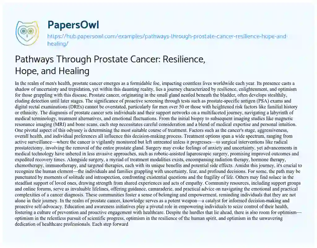 Essay on Pathways Through Prostate Cancer: Resilience, Hope, and Healing