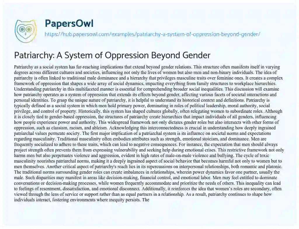 Essay on Patriarchy: A System of Oppression Beyond Gender