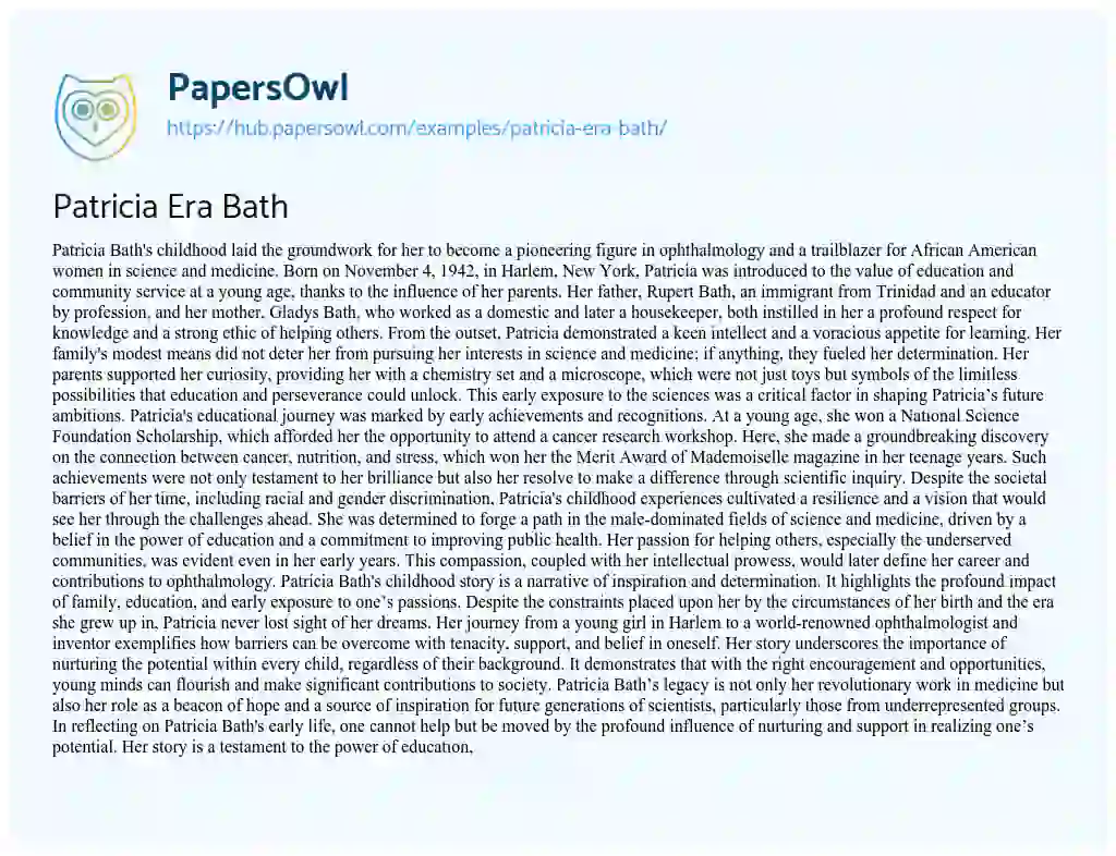 Essay on Patricia Era Bath