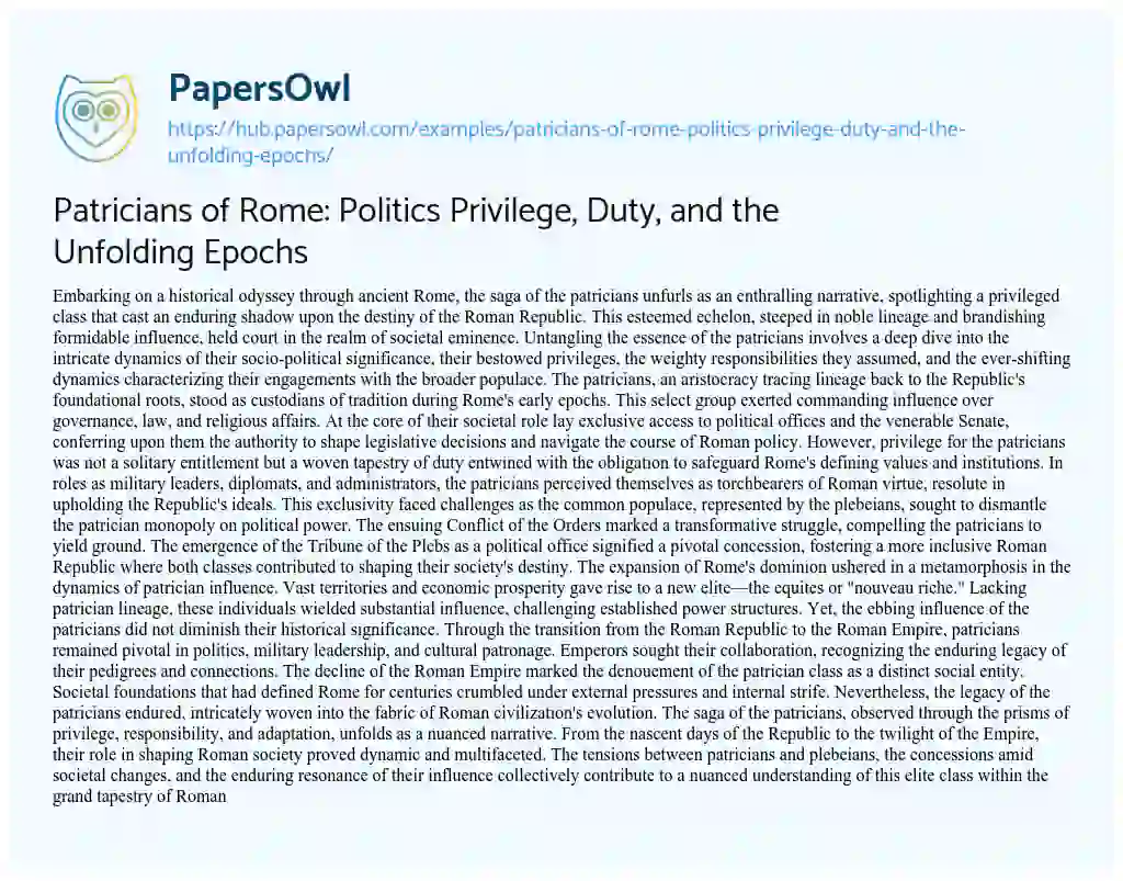 Essay on Patricians of Rome: Politics Privilege, Duty, and the Unfolding Epochs
