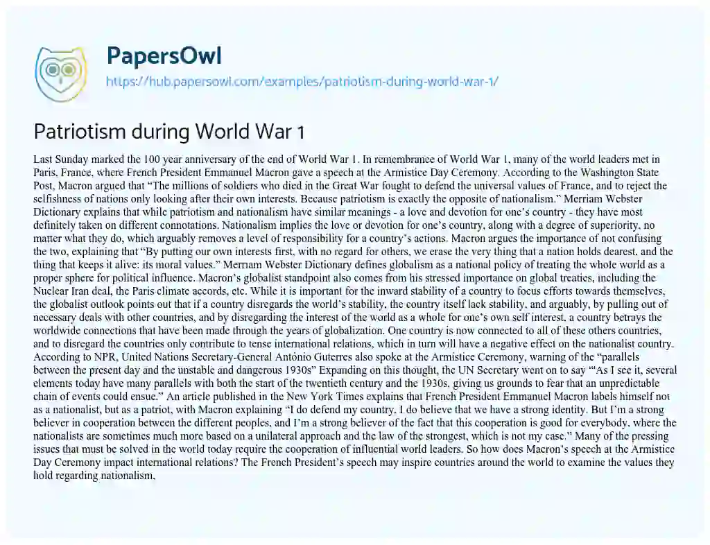 Essay on Patriotism during World War 1