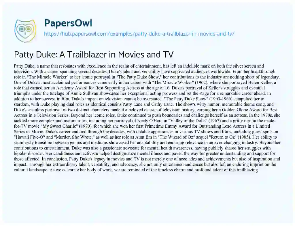 Essay on Patty Duke: A Trailblazer in Movies and TV