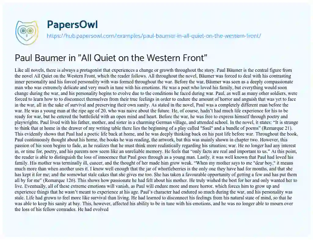Essay on Paul Baumer in “All Quiet on the Western Front”