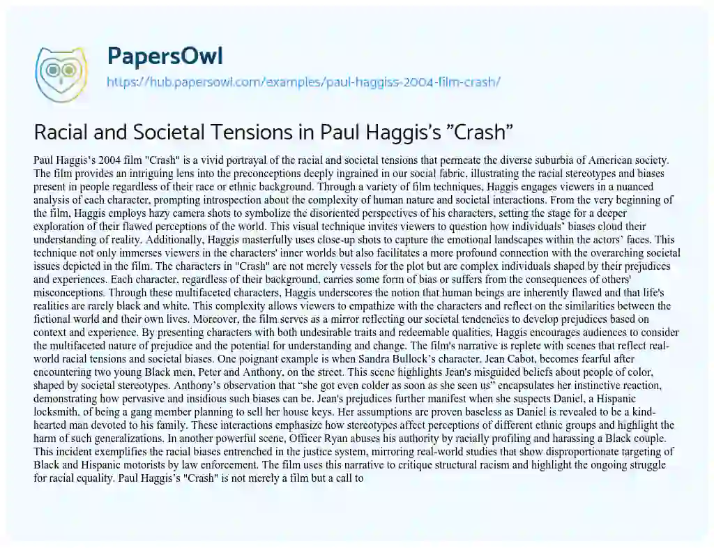 Essay on Racial and Societal Tensions in Paul Haggis’s “Crash”