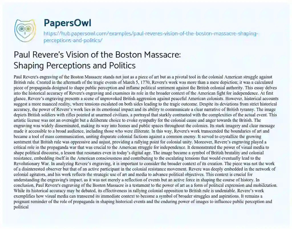 Essay on Paul Revere’s Vision of the Boston Massacre: Shaping Perceptions and Politics