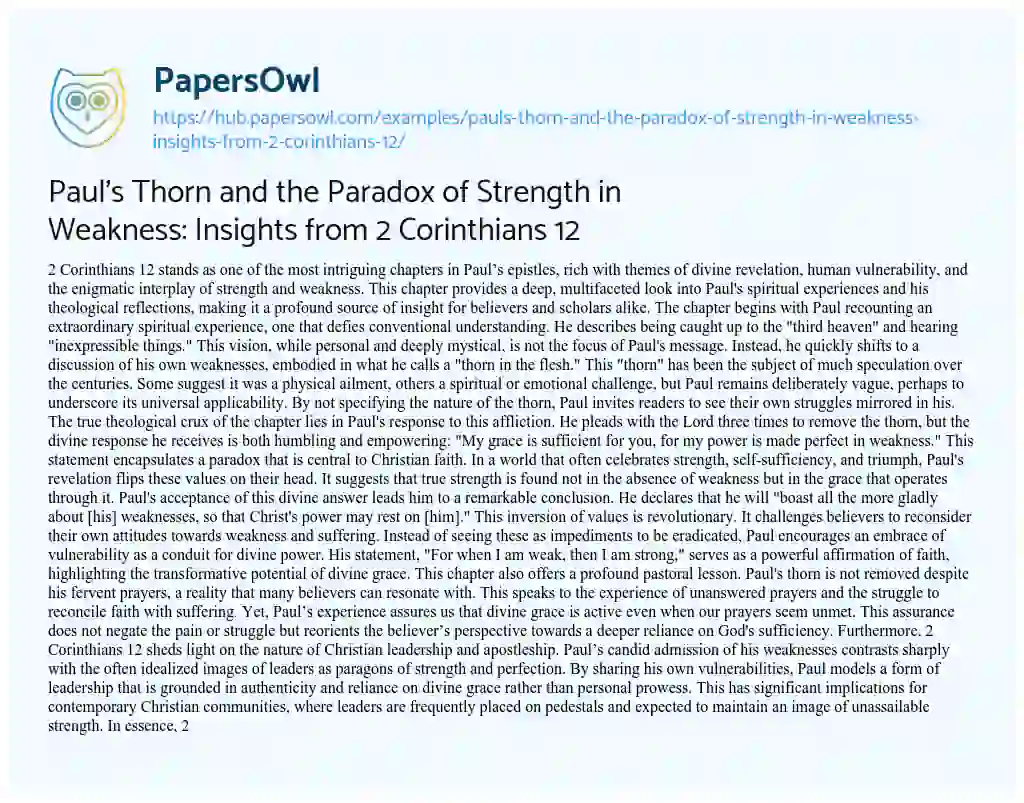 Essay on Paul’s Thorn and the Paradox of Strength in Weakness: Insights from 2 Corinthians 12