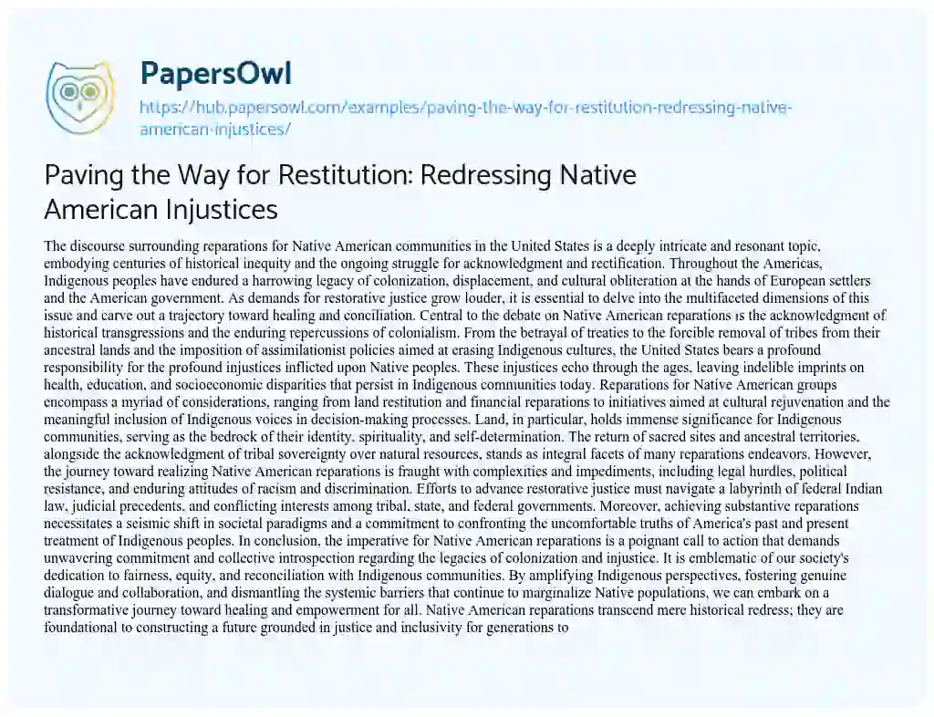 Essay on Paving the Way for Restitution: Redressing Native American Injustices