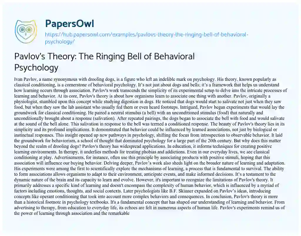Essay on Pavlov’s Theory: The Ringing Bell of Behavioral Psychology