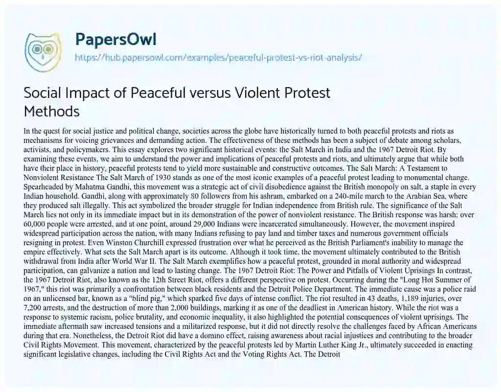 Essay on Social Impact of Peaceful versus Violent Protest Methods