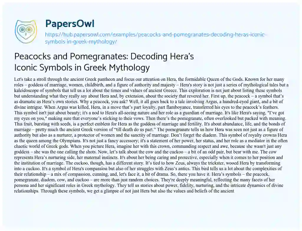Essay on Peacocks and Pomegranates: Decoding Hera’s Iconic Symbols in Greek Mythology