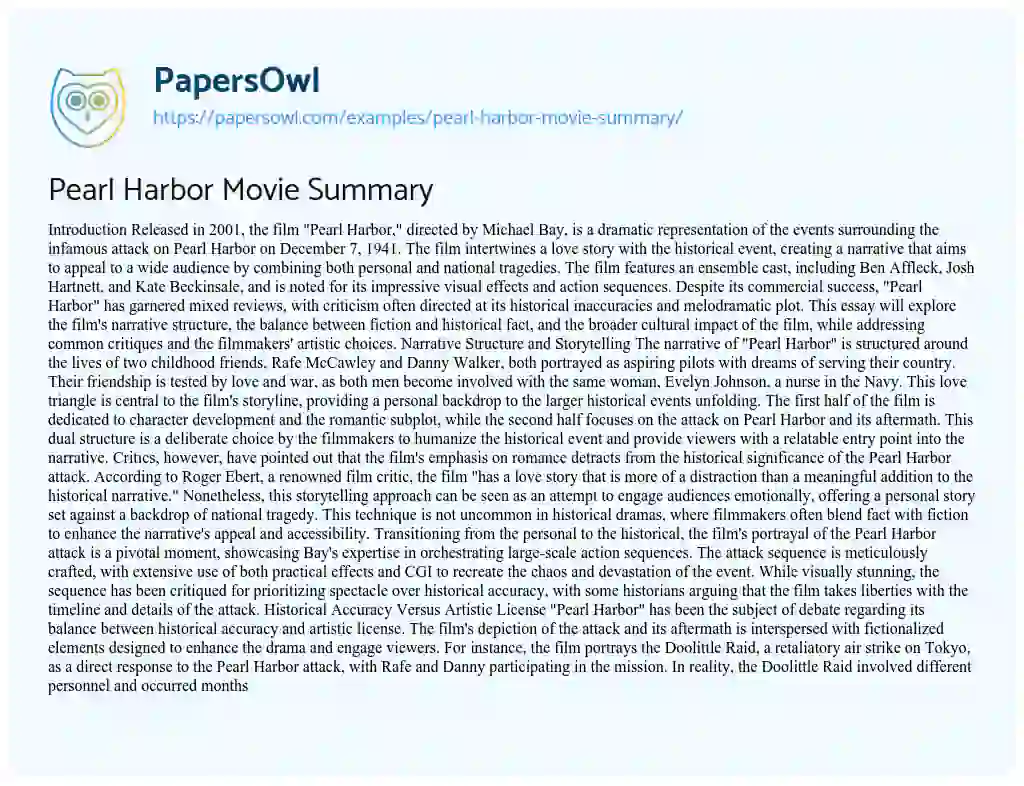 Essay on Pearl Harbor Movie Summary