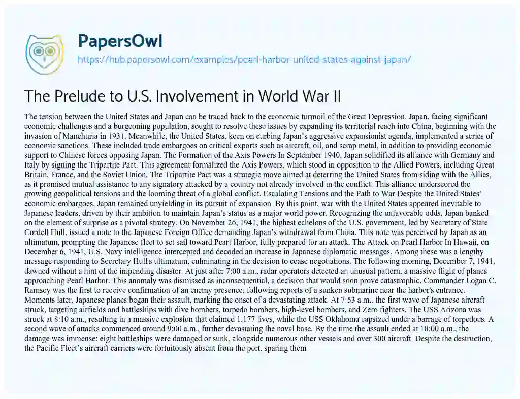 Essay on The Prelude to U.S. Involvement in World War II