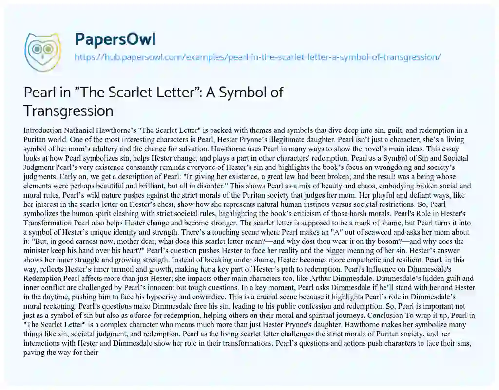Essay on Pearl in “The Scarlet Letter”: A Symbol of Transgression