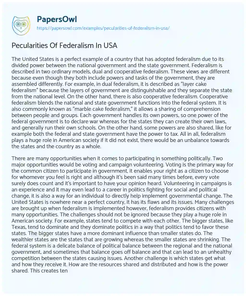 Essay on Pecularities Of Federalism In USA