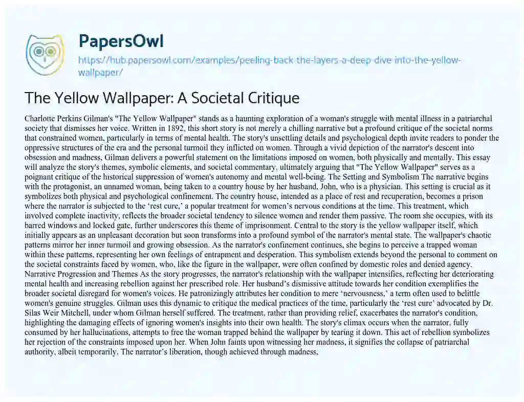 Essay on The Yellow Wallpaper: A Societal Critique