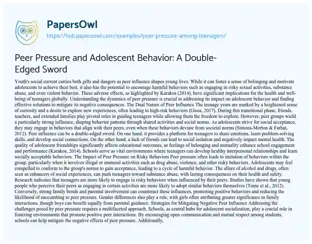 Essay on Peer Pressure and Adolescent Behavior: A Double-Edged Sword