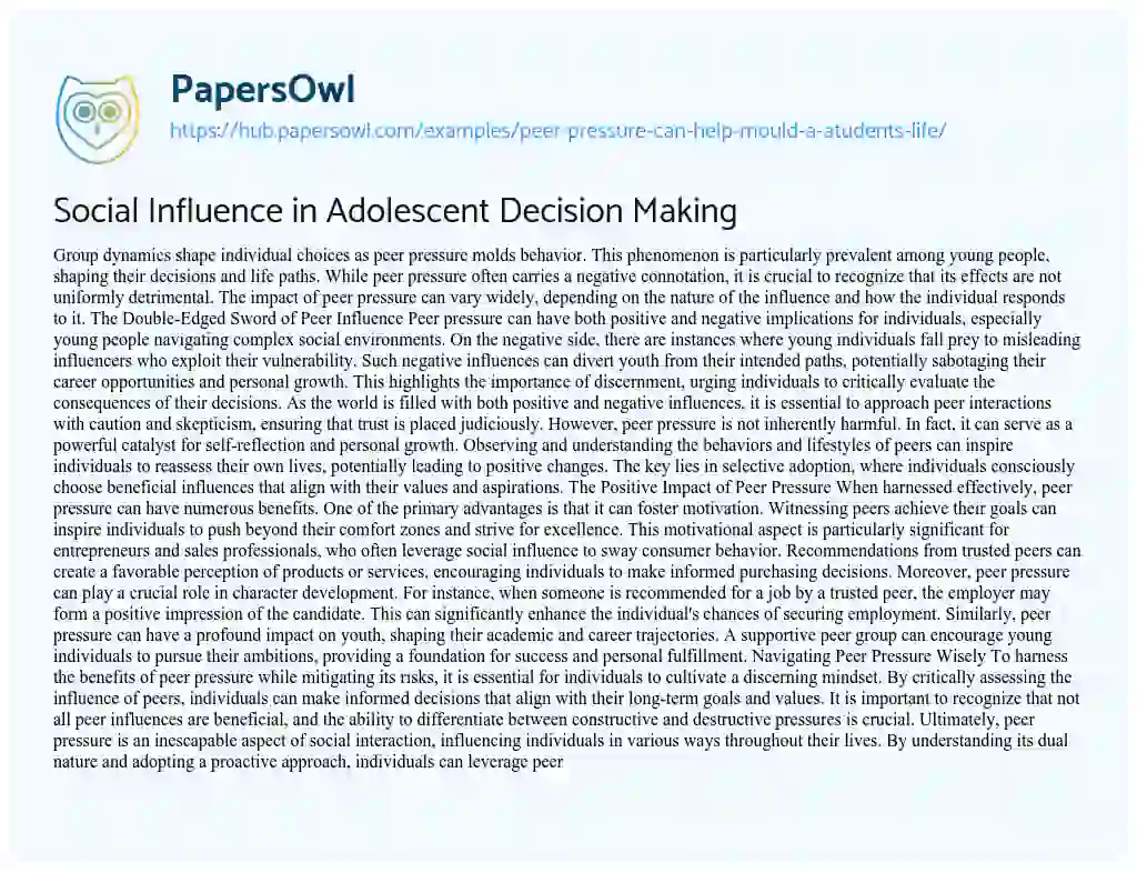 Essay on Social Influence in Adolescent Decision Making