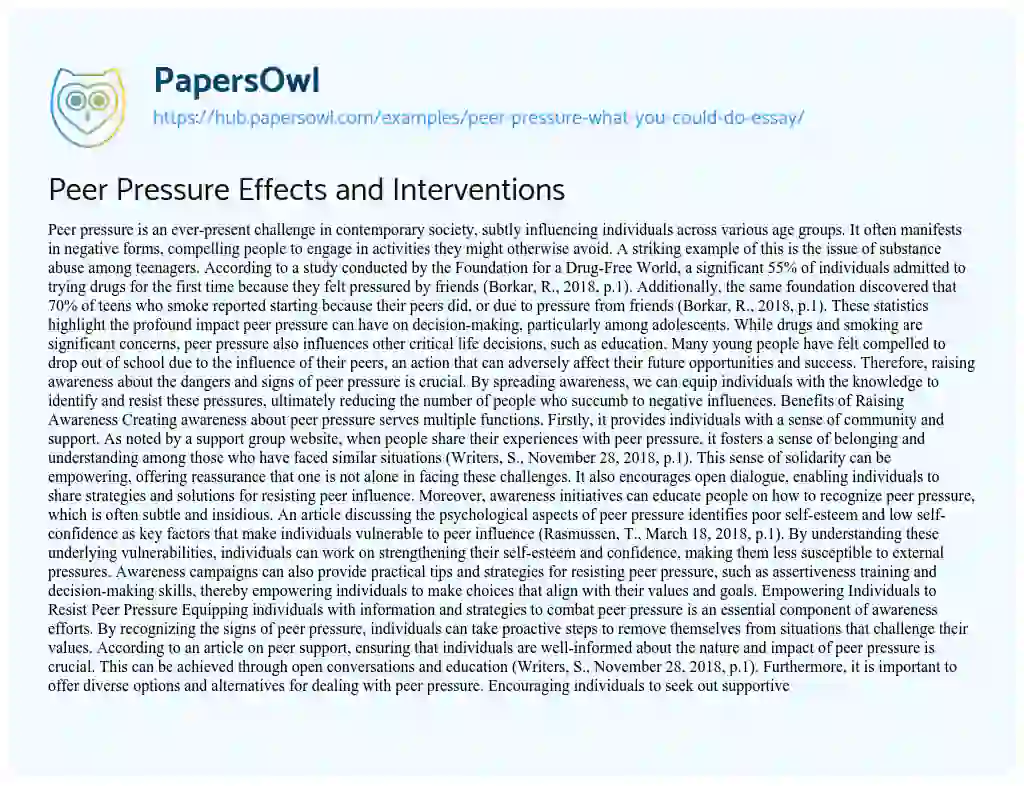 Essay on Peer Pressure Effects and Interventions