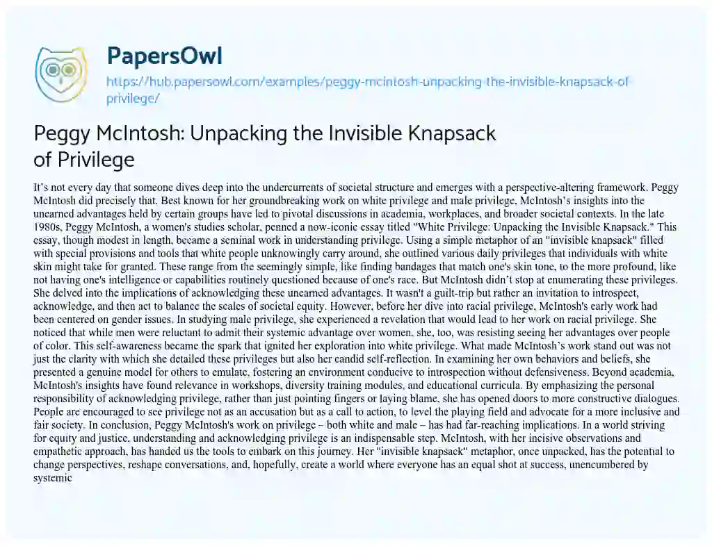 Essay on Peggy McIntosh: Unpacking the Invisible Knapsack of Privilege