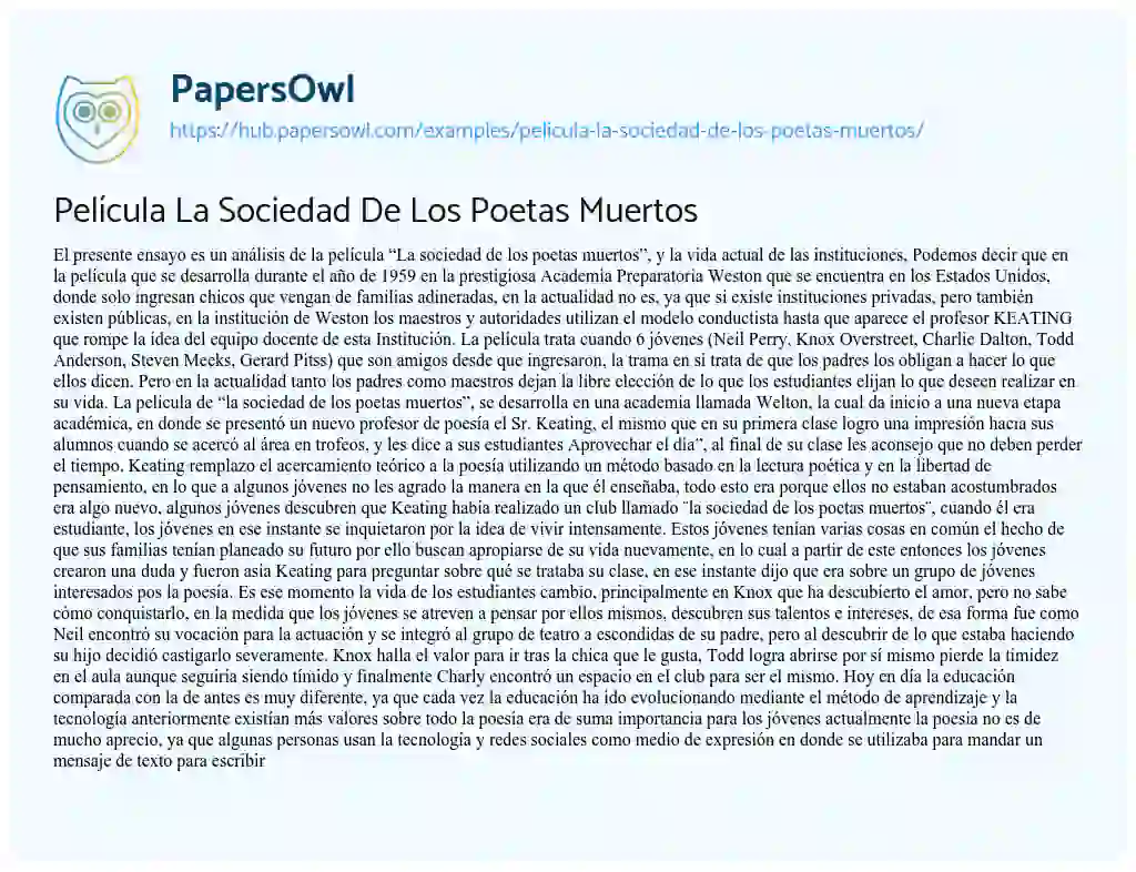 Essay on Película La Sociedad De Los Poetas Muertos
