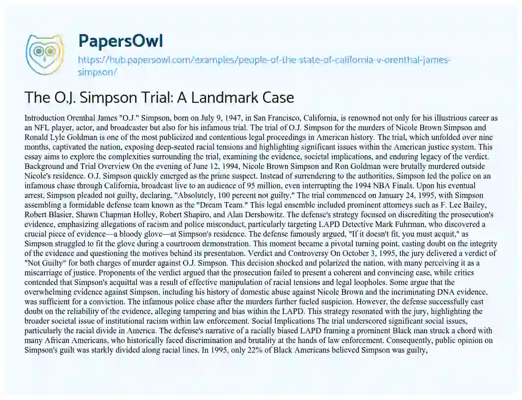 Essay on The O.J. Simpson Trial: A Landmark Case