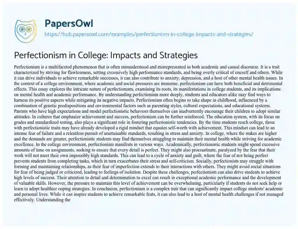 Essay on Perfectionism in College: Impacts and Strategies