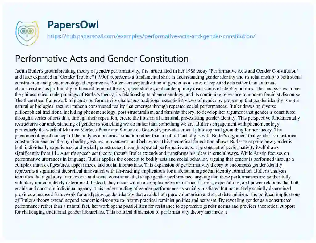 Essay on Performative Acts and Gender Constitution