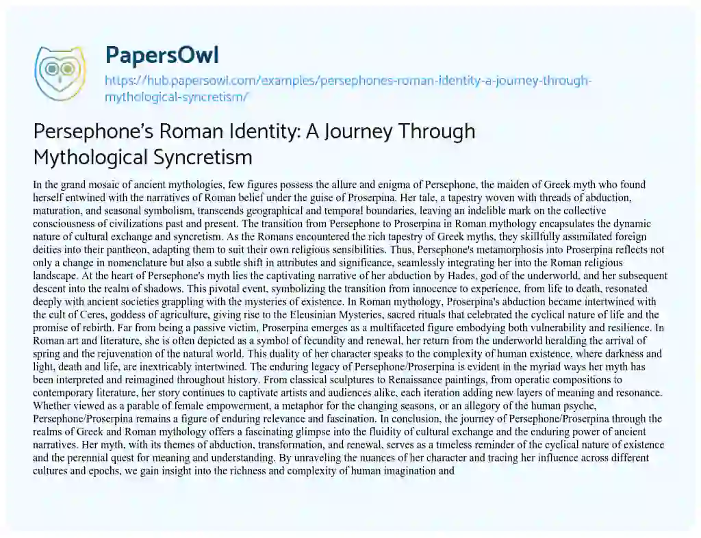 Essay on Persephone’s Roman Identity: A Journey Through Mythological Syncretism