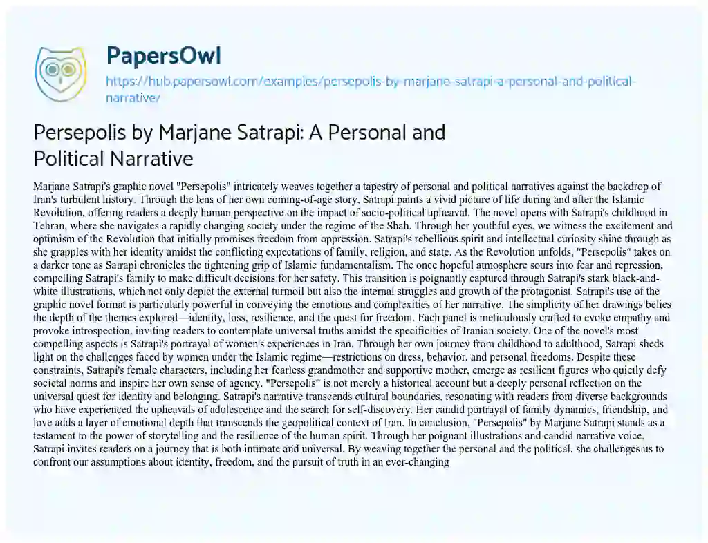 Essay on Persepolis by Marjane Satrapi: A Personal and Political Narrative