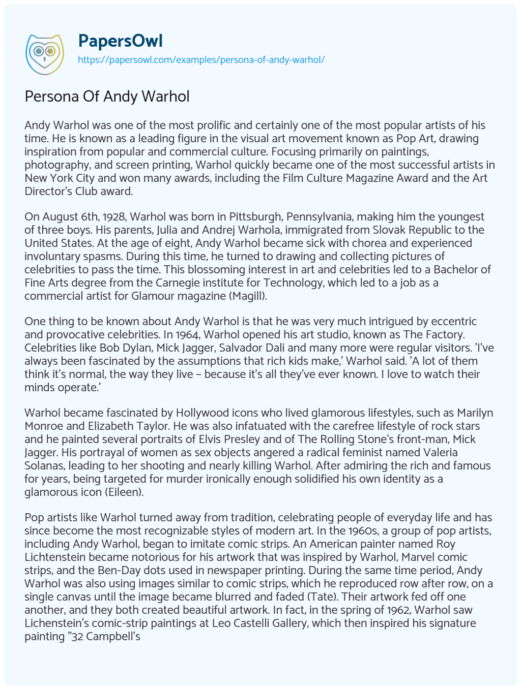 Essay on Persona Of Andy Warhol