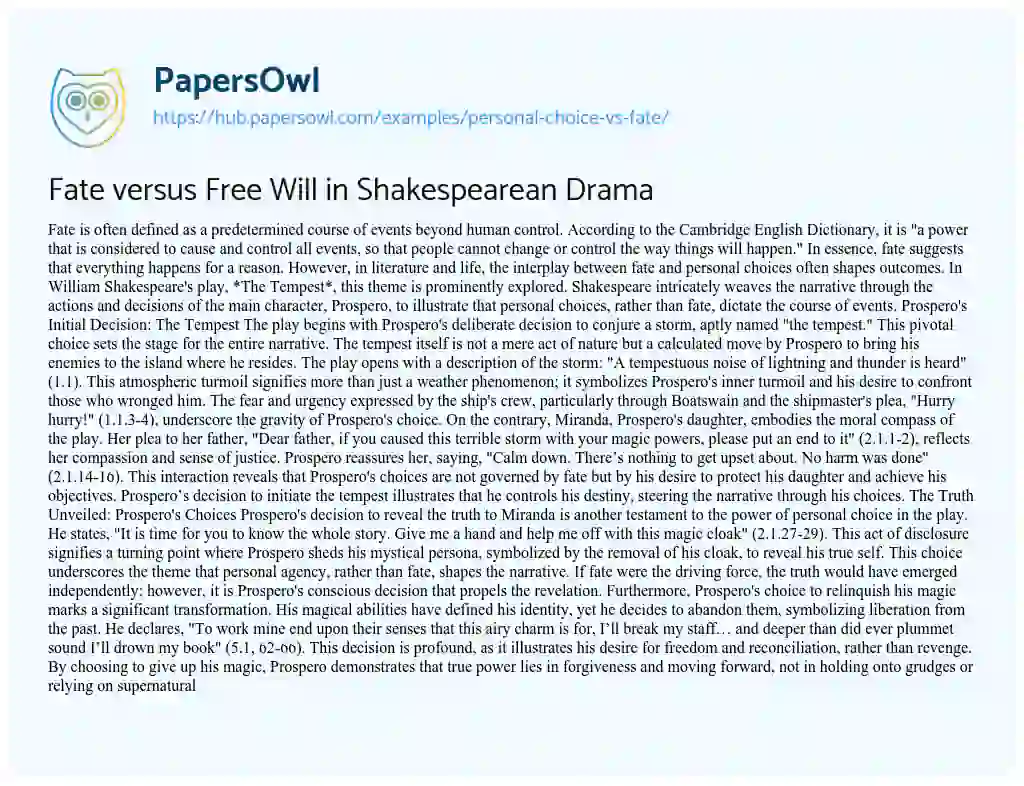 Essay on Fate versus Free Will in Shakespearean Drama