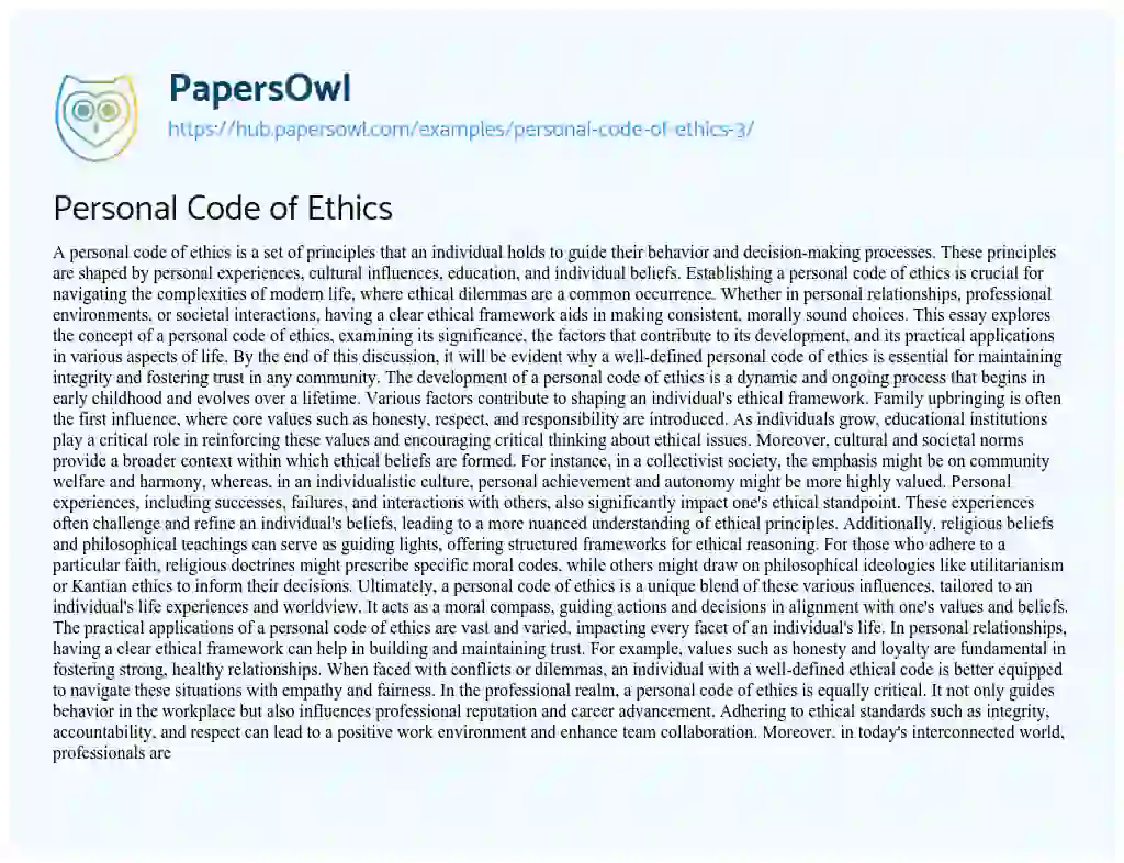 Essay on Personal Code of Ethics