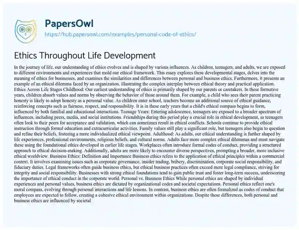 Essay on Ethics Throughout Life Development