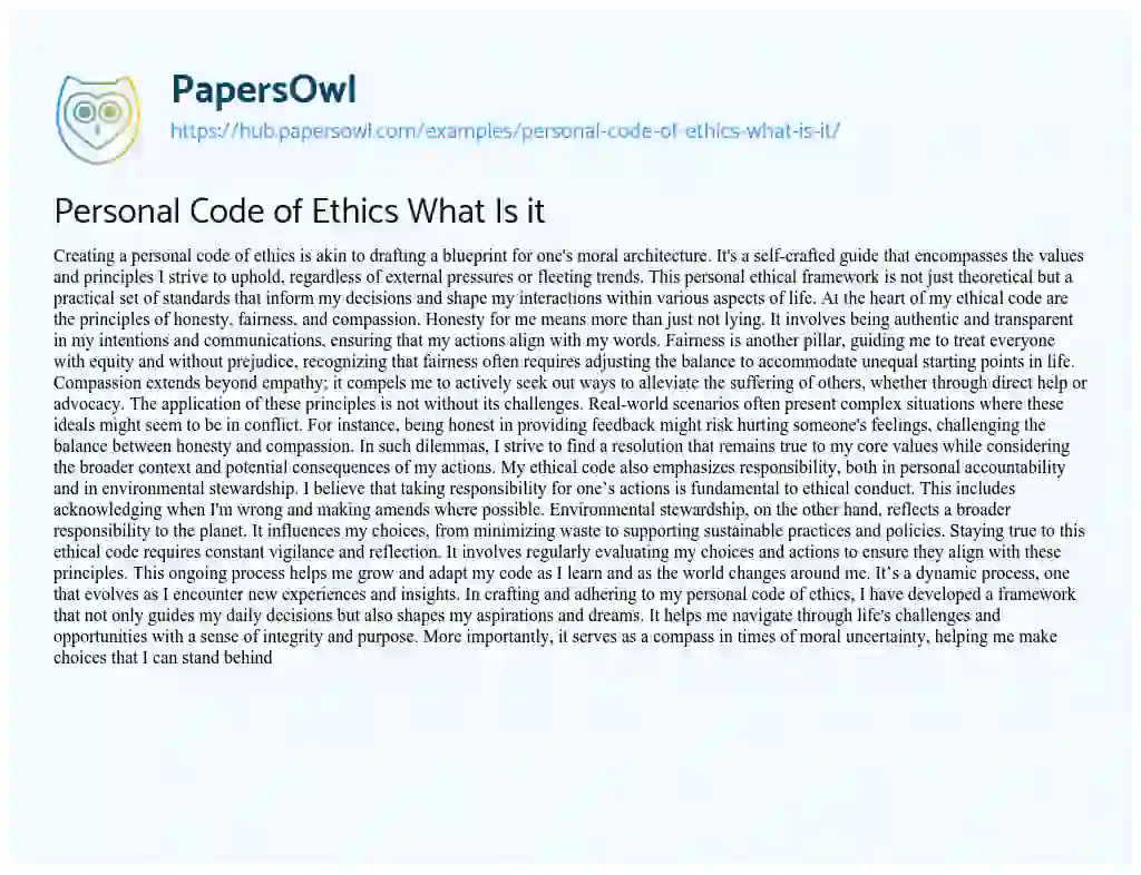 Essay on Personal Code of Ethics What Is it