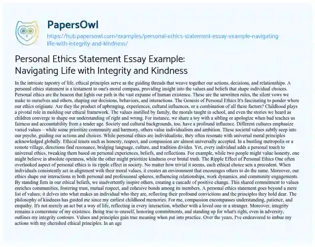 Essay on Personal Ethics Statement Essay Example: Navigating Life with Integrity and Kindness