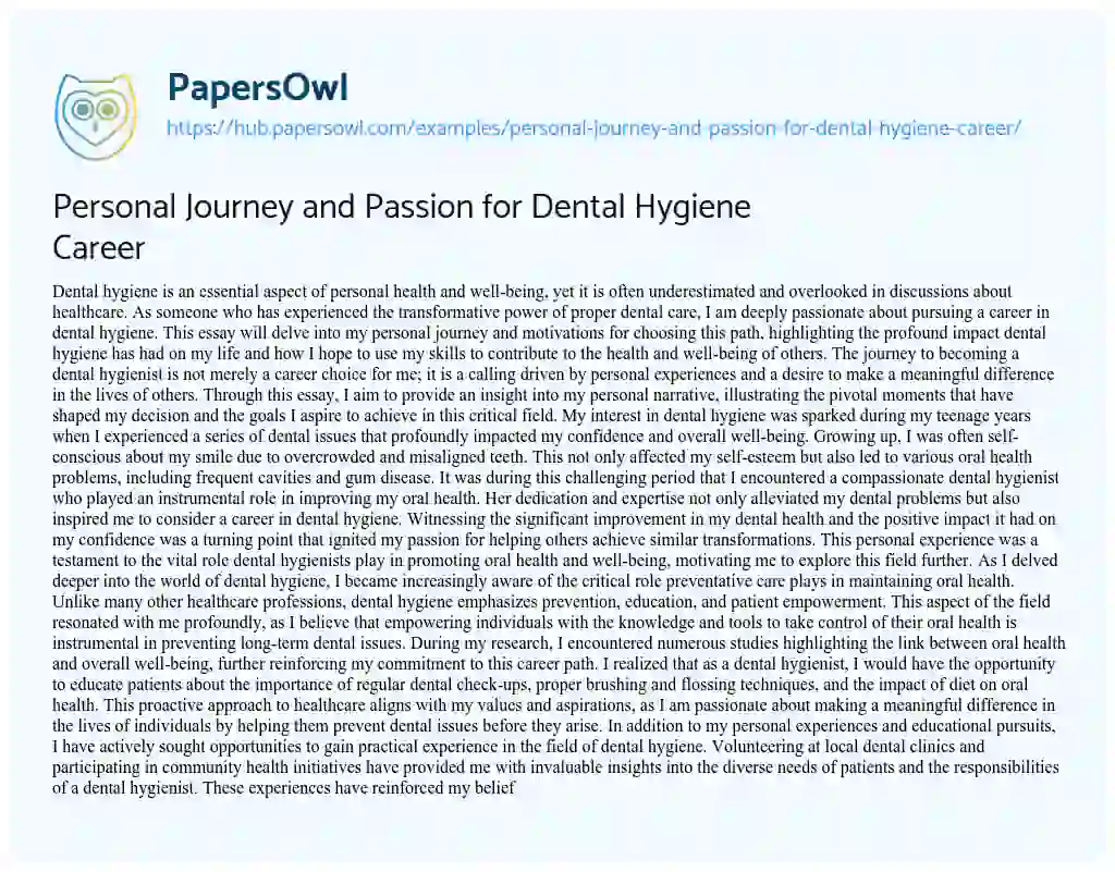 Essay on Personal Journey and Passion for Dental Hygiene Career