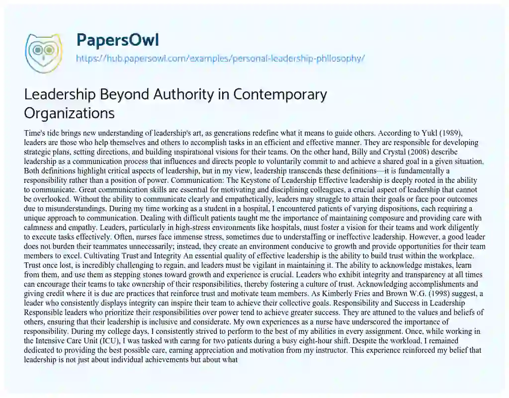 Essay on Leadership Beyond Authority in Contemporary Organizations