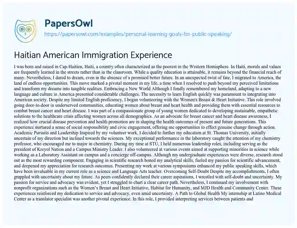 Essay on Haitian American Immigration Experience